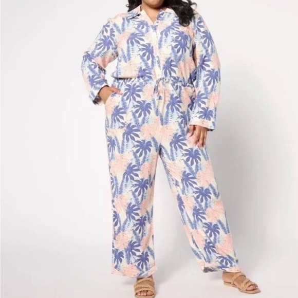 Muk Luks Pants - MUK LUKS Long Sleeve Wide Leg Tropical Print Utility Jumpsuit--NWT--2X